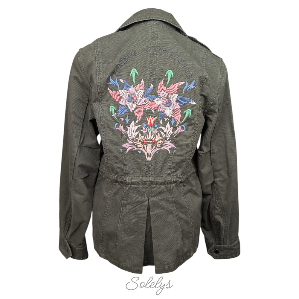 Zadig & Voltaire Klimi Floral Embroidery Green Cotton Utility Parka Jacket Small